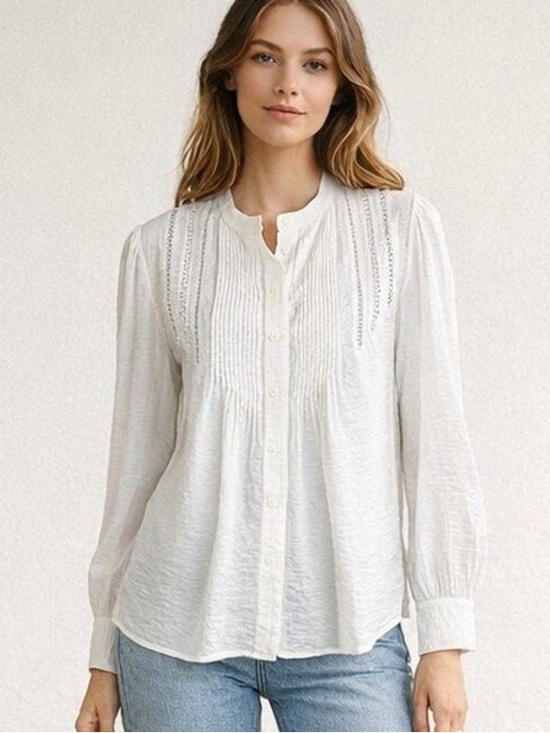 ba&sh Tops - ba&sh Laura Pleated Lace Trim Blouse Ivory XS Romantic Pintuck Puff Sleeve Top